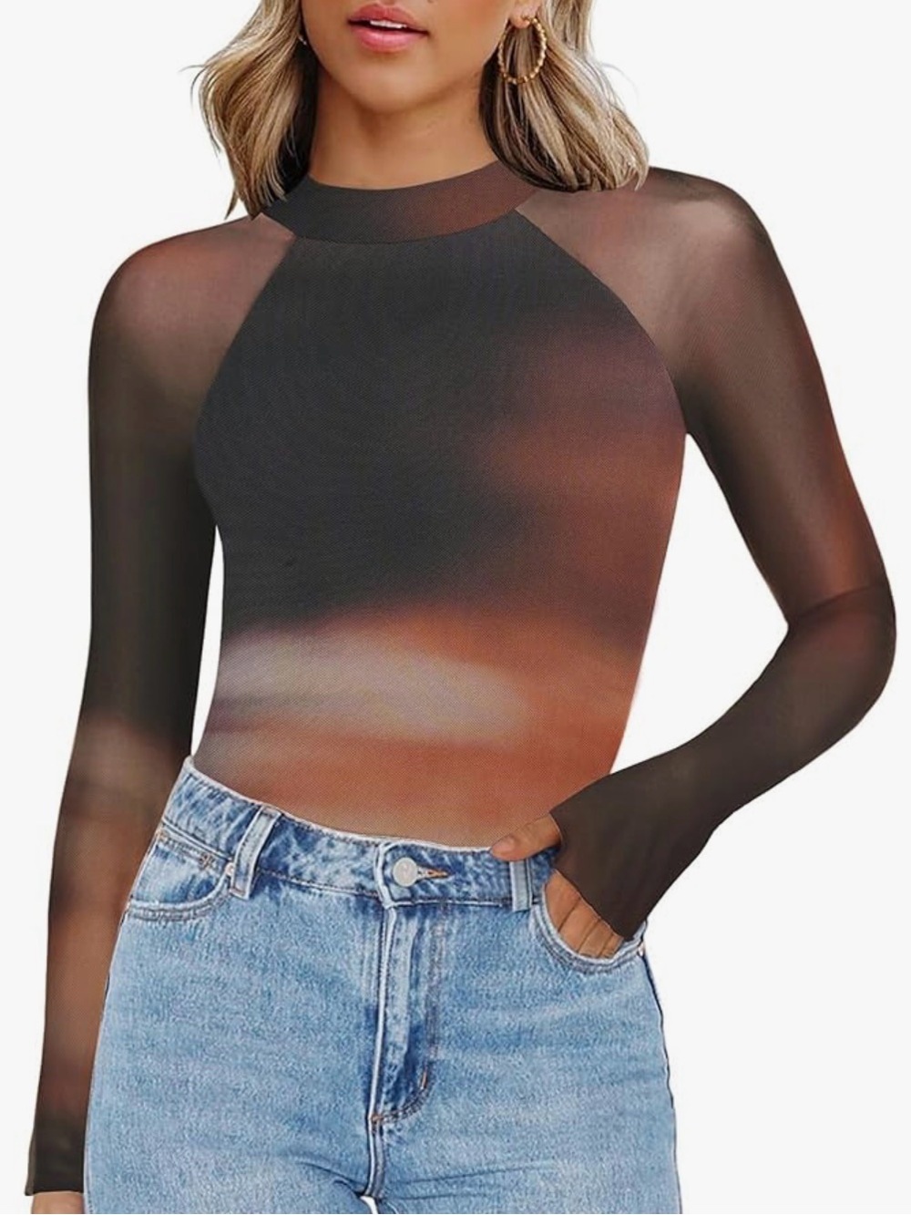 Sheer Long-Sleeve Mesh Top in Brown Ombre